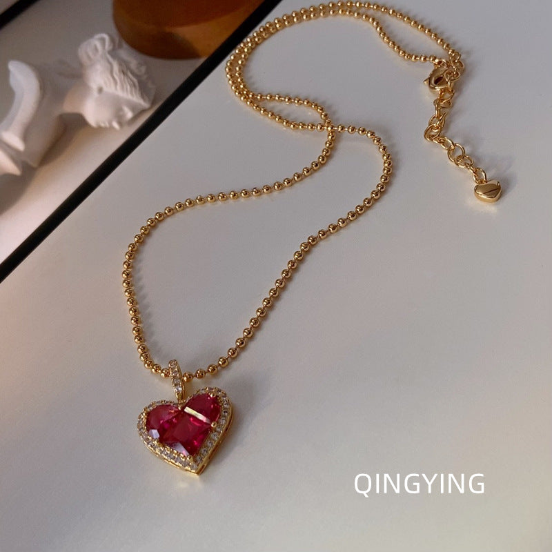 Fransk Luxe Red Heart Pendant Necklace - Lett glamour med fullt rhinestones tilbehør