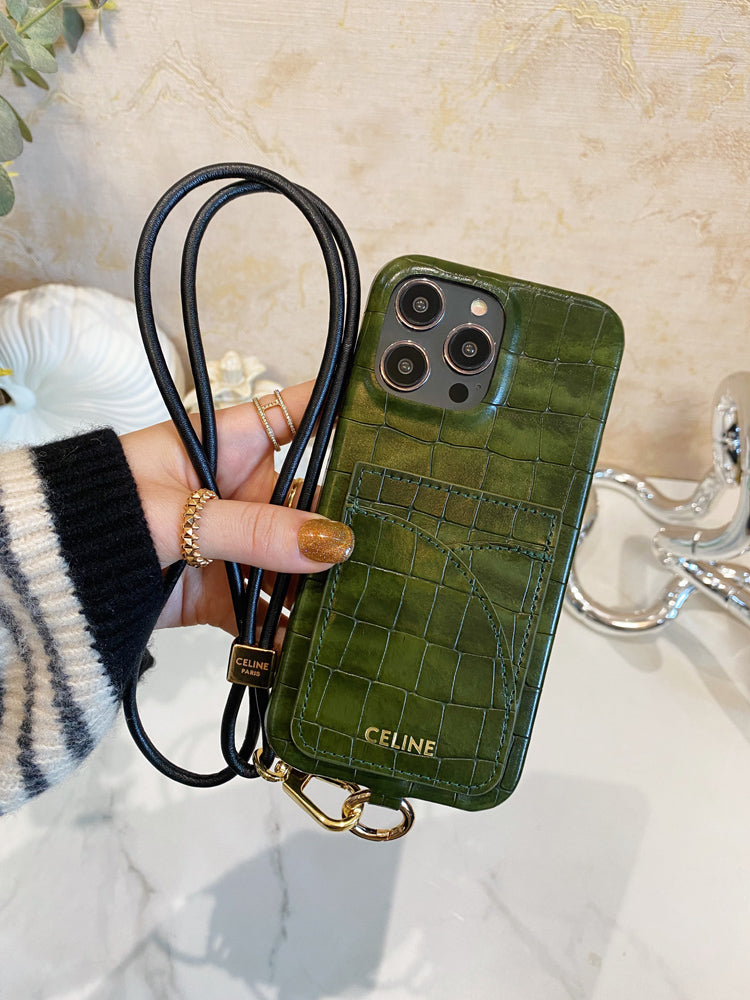 التماسيح طباعة علبة Celine iPhone مع حامل البطاقة وحزام الأخضر -EYP241415
