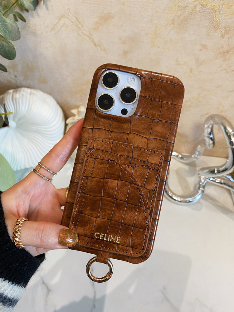 التماسيح طباعة علبة Celine iPhone مع حامل البطاقة وحزام Brown -eyp241415