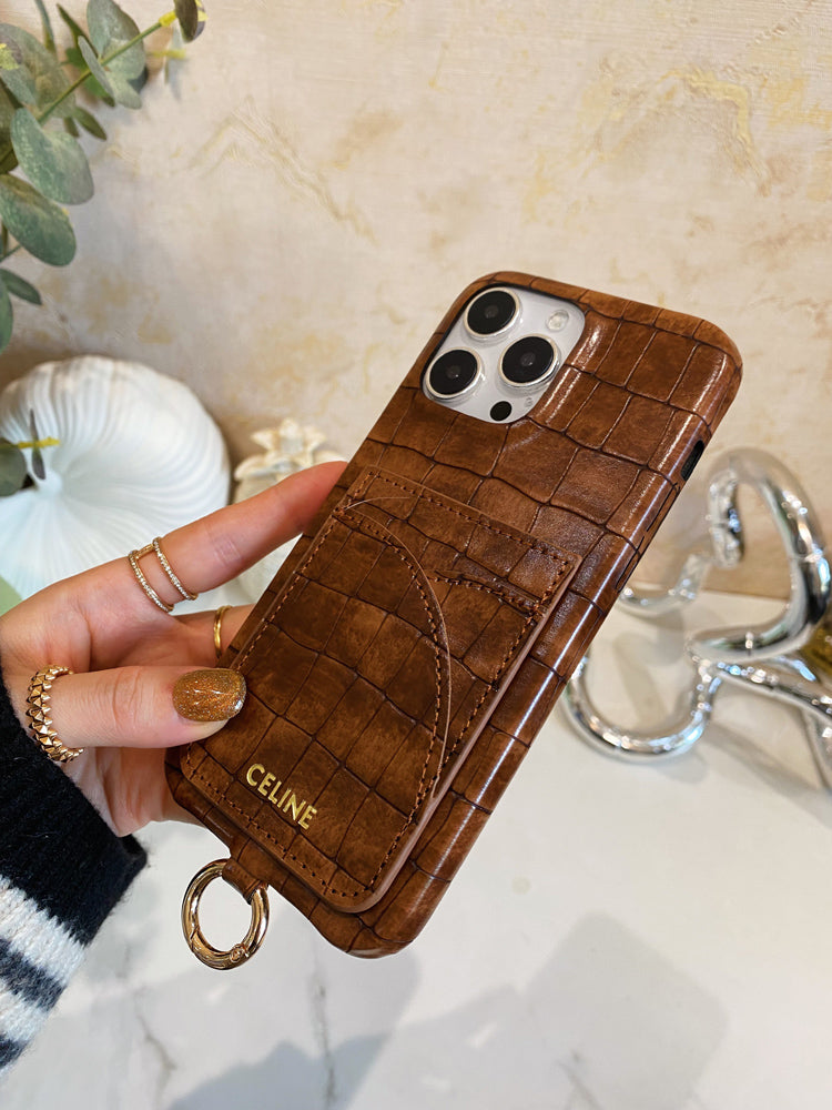 التماسيح طباعة علبة Celine iPhone مع حامل البطاقة وحزام Brown -eyp241415