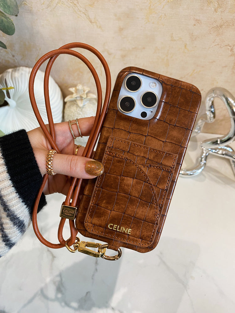 التماسيح طباعة علبة Celine iPhone مع حامل البطاقة وحزام Brown -eyp241415