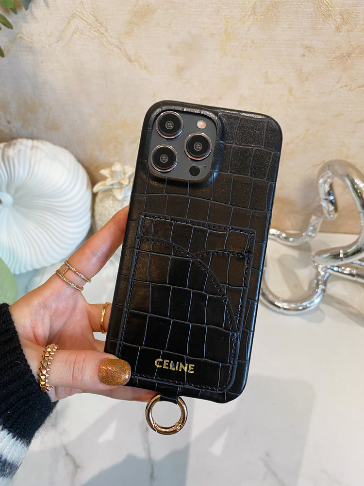 التماسك طباعة علبة Celine iPhone مع حامل البطاقة وحزام blcak -eyp241415