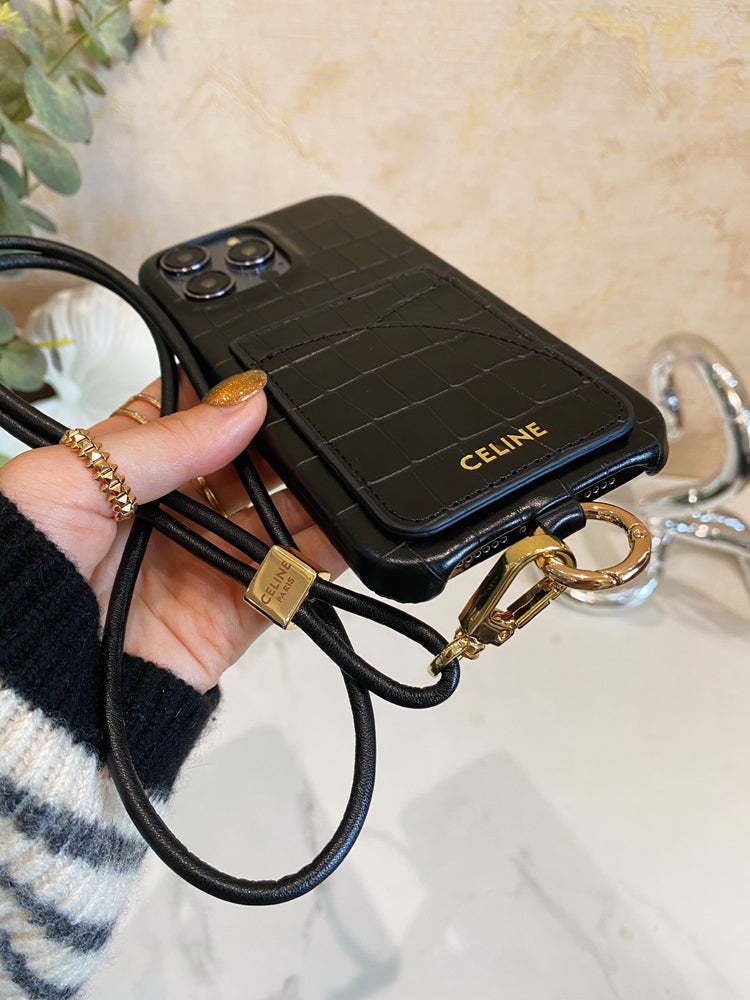 التماسك طباعة علبة Celine iPhone مع حامل البطاقة وحزام blcak -eyp241415