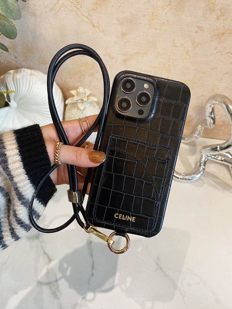 التماسك طباعة علبة Celine iPhone مع حامل البطاقة وحزام blcak -eyp241415