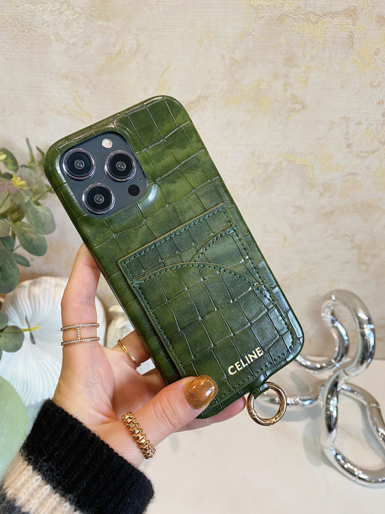 التماسيح طباعة علبة Celine iPhone مع حامل البطاقة وحزام الأخضر -EYP241415