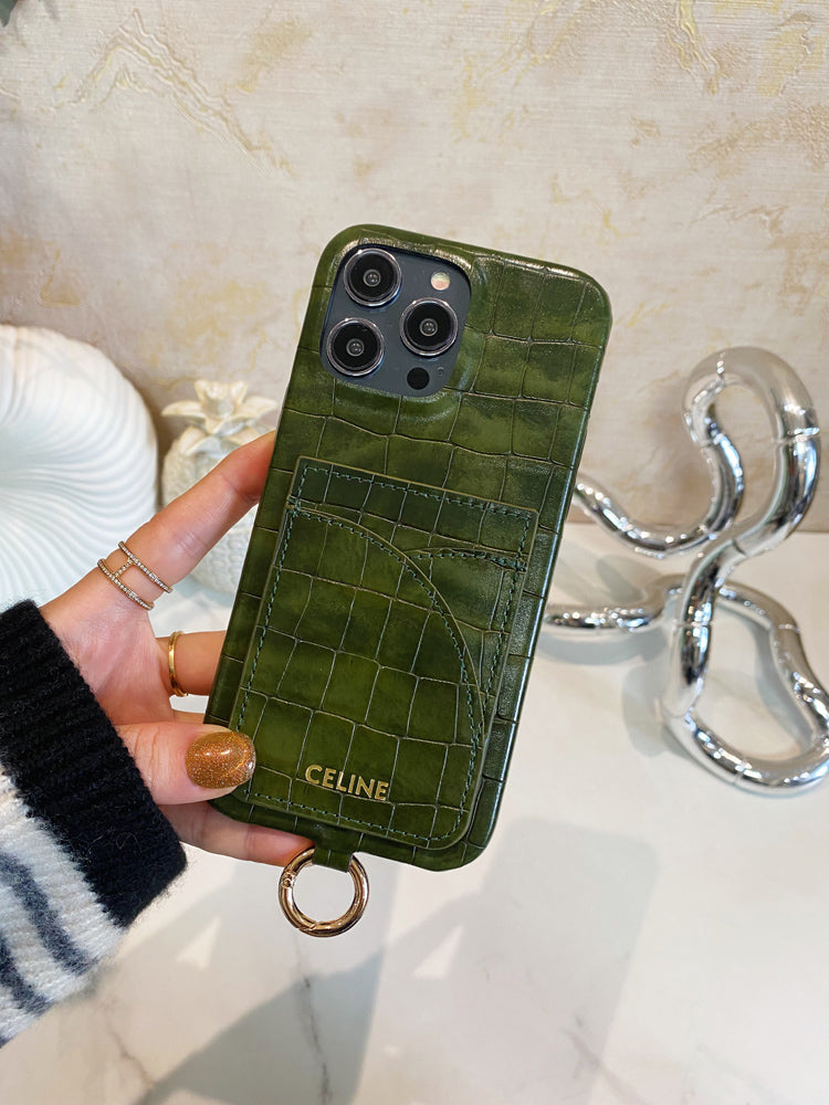 التماسيح طباعة علبة Celine iPhone مع حامل البطاقة وحزام الأخضر -EYP241415