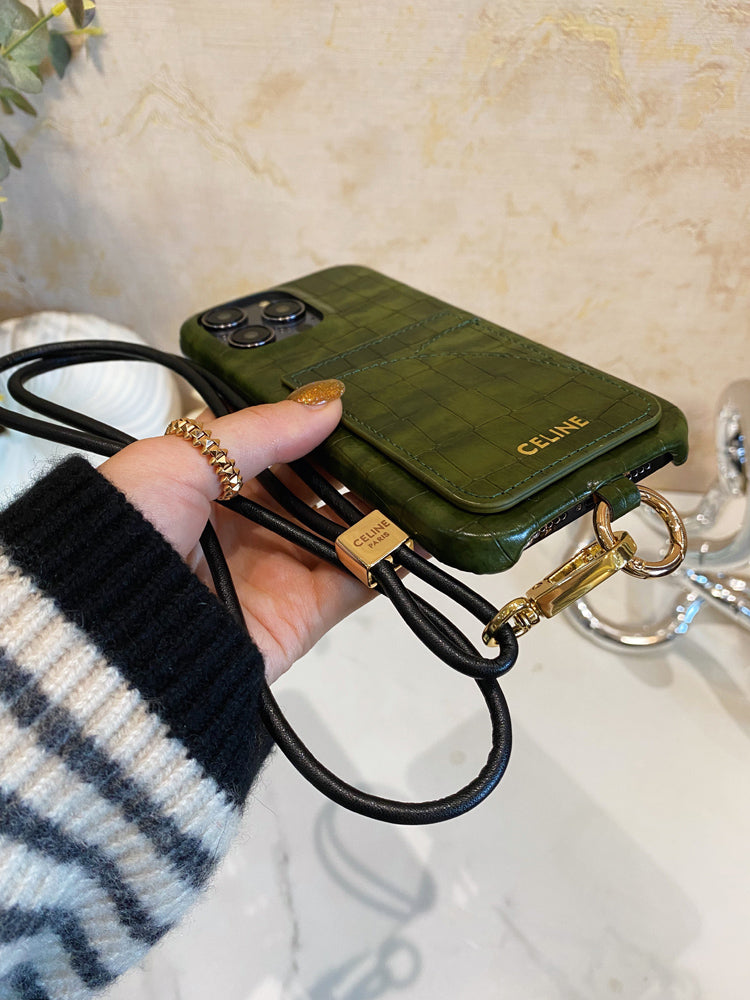 التماسيح طباعة علبة Celine iPhone مع حامل البطاقة وحزام الأخضر -EYP241415