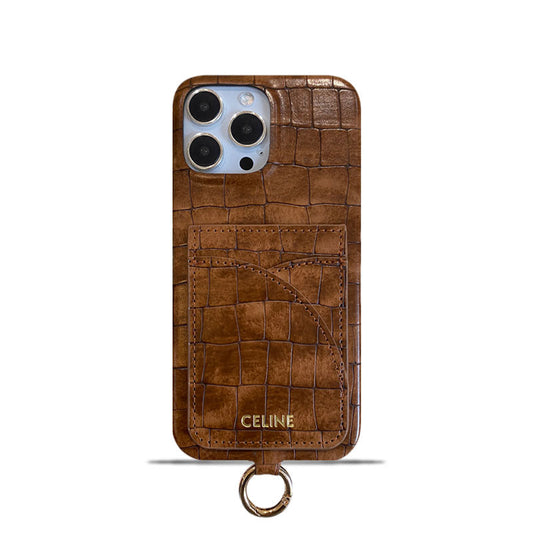 Alligator Print Celine iPhone -taske med kortholder og stropp brun -eyp241415