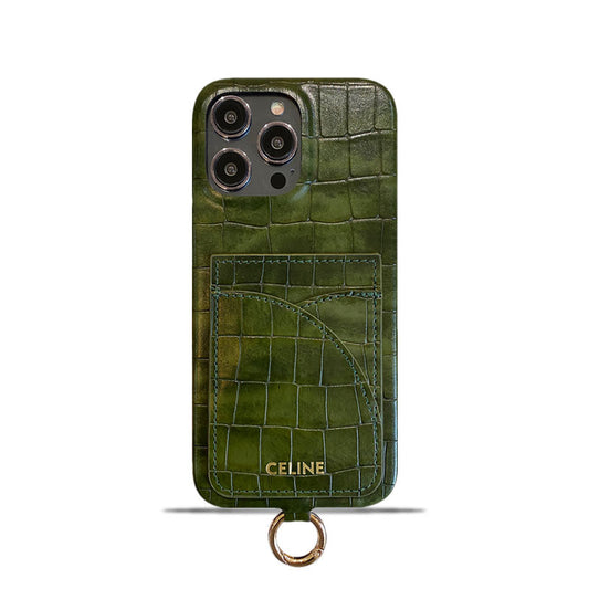 Alligator Print Celine iPhone -sag med kortholder og stroppegrøn -eyp241415