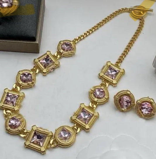 Designer merkevare rosa diamant halskjede øreringer sett