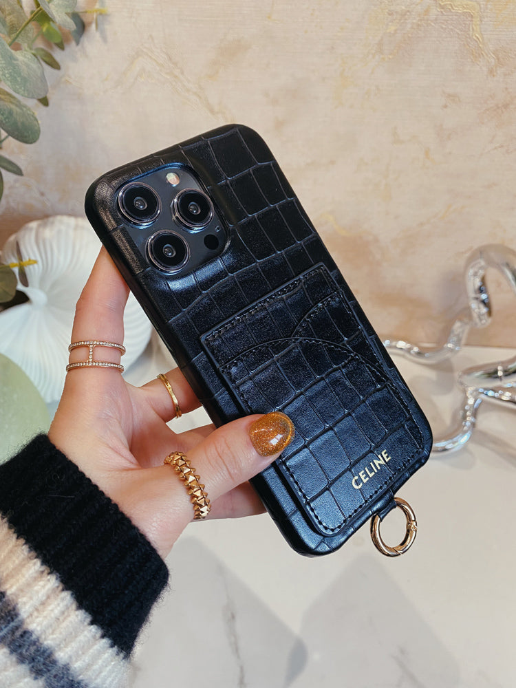 Alligator Print Celine iPhone -taske med kortholder og stropp blcak -eyp241415