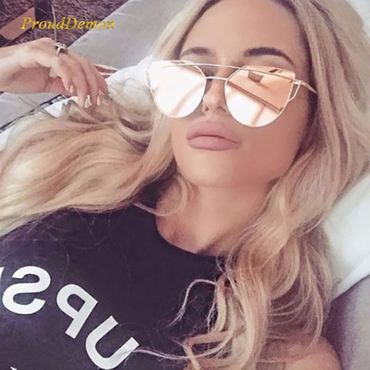 Cat Eye Vintage Brand Designer Rose Gold Mirror Solbriller for kvinner Metall Reflekterende flatlinser Solbriller Kvinne Oculos